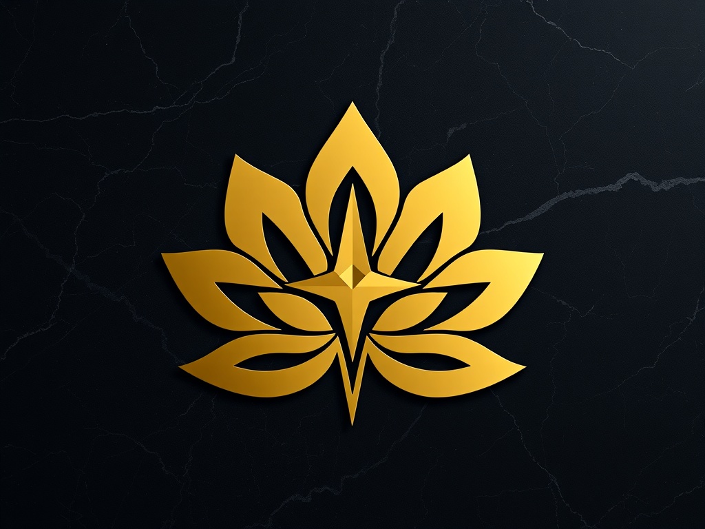 A minimalist abstract logo combining a lotus flower and a compass needle, gold on dark marble background, elegant and modern, photorealistic render, 8k.